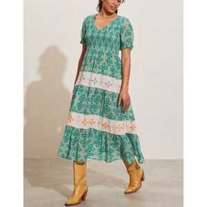 Odd Molly Anthropologie Day Printed Midi Dress Embroidered Smocked XS-0 255612